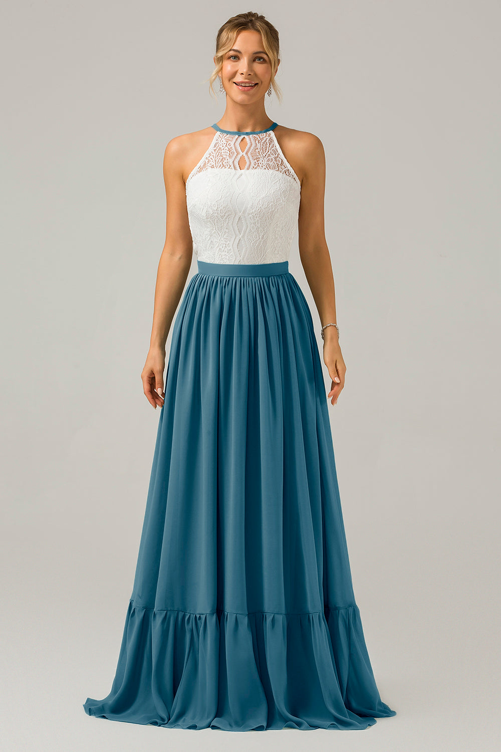 Ivory A-Line Halter Pleated Keyhole Chiffon Bridesmaid Dress With Lace