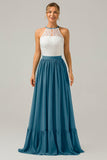 Ivory A-Line Halter Pleated Keyhole Chiffon Bridesmaid Dress With Lace