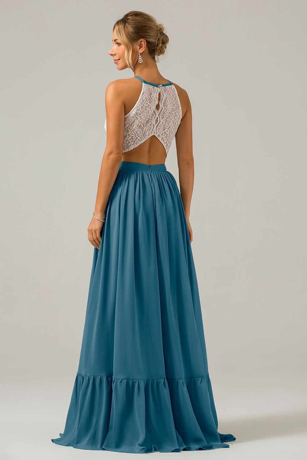 Ivory A-Line Halter Pleated Keyhole Chiffon Bridesmaid Dress With Lace