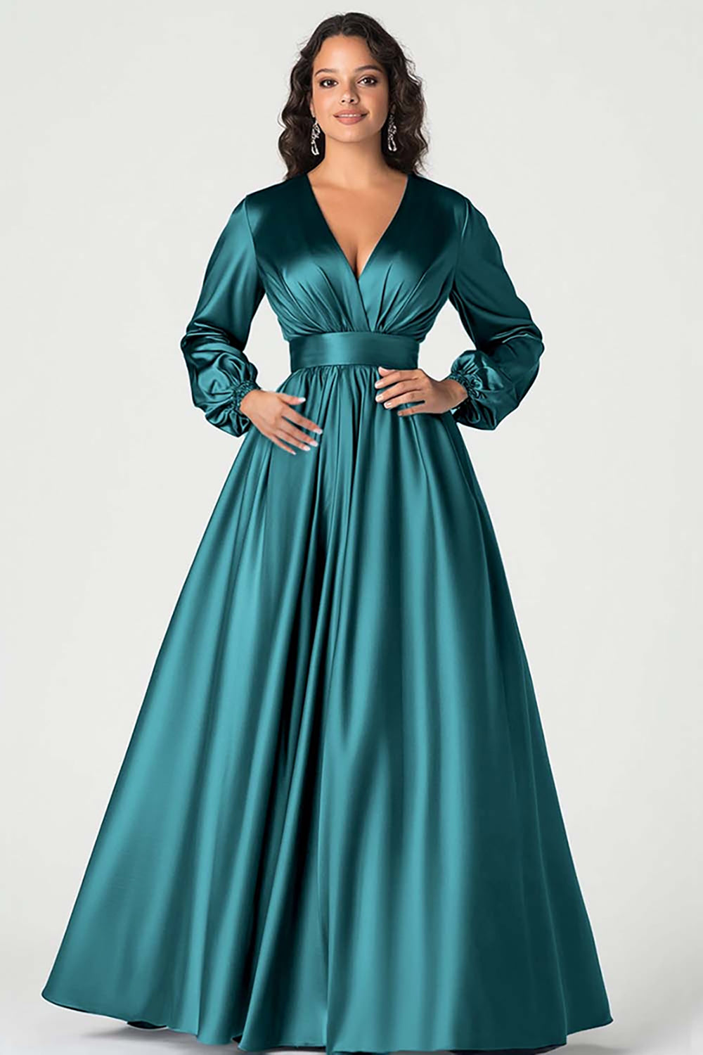 A-Line Peacock Satin Mother of the Bride Dress with Long Sleeves