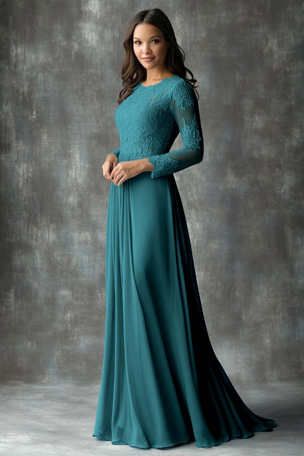 Chiffon Round Neck Peacock A-Line Applique Mother of the Bride Dress