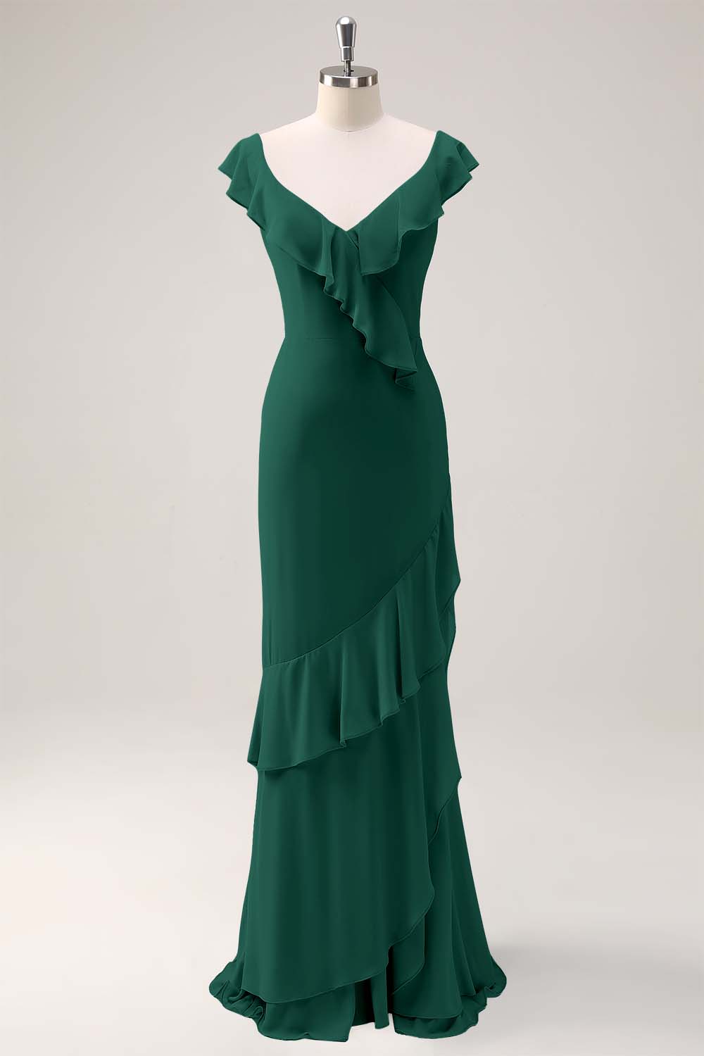 Blush Pink Mermaid V-Neck Chiffon Maxi Bridesmaid Dress with Ruffles