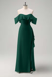 Pine Ruffled Chiffon Maxi Bridesmaid Dress with Slit