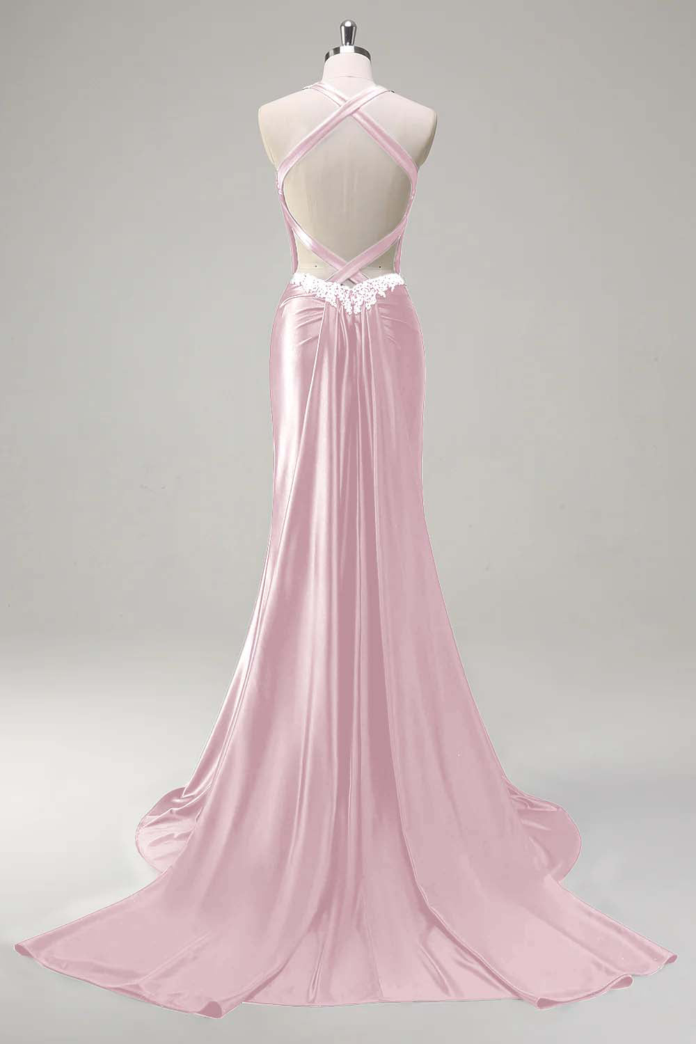 Pink Beaded Corset Satin Mermaid Sweep Train Prom Dress