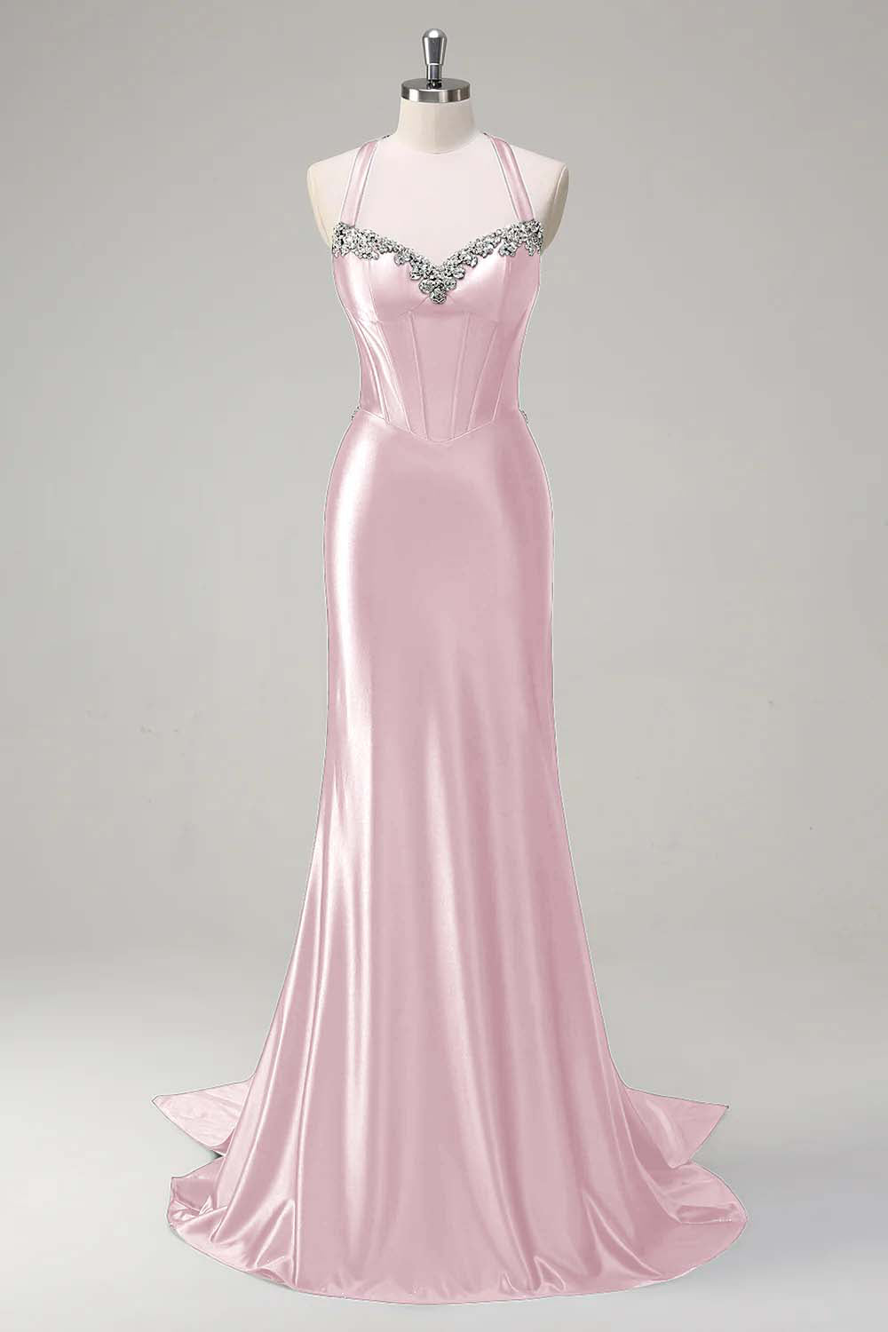 Pink Beaded Corset Satin Mermaid Sweep Train Prom Dress