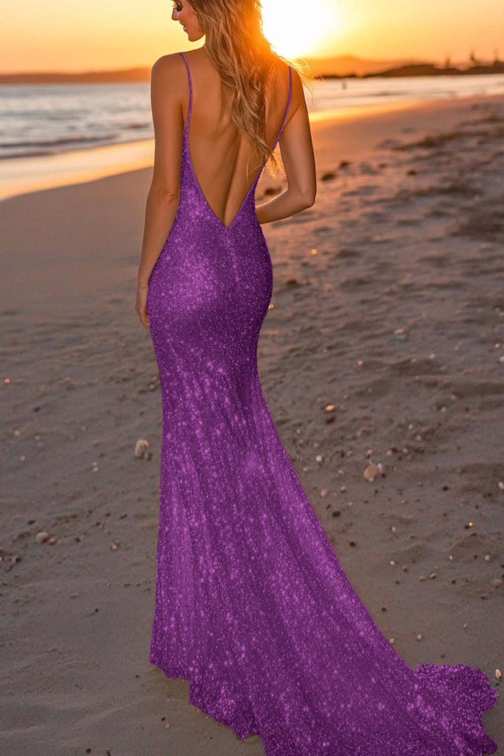 Sparkly Plum Spaghetti Straps Sequined Mermaid Formal Dress