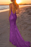 Sparkly Plum Spaghetti Straps Sequined Mermaid Formal Dress