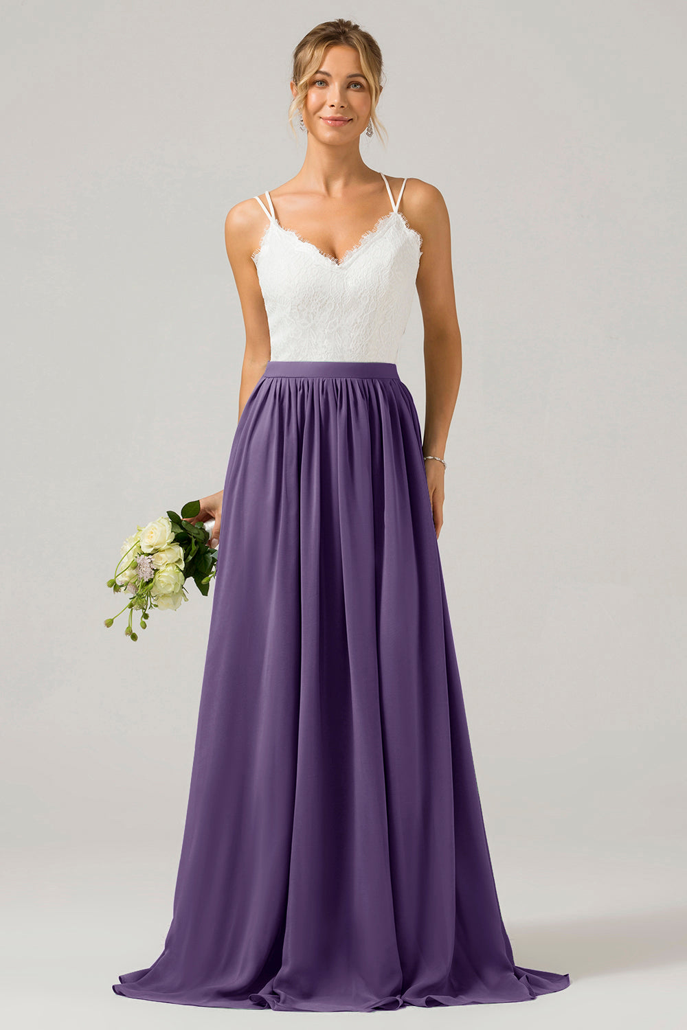 Pine A-Line Spaghetti Straps Pleated Long Bridesmaid Dress With Lace