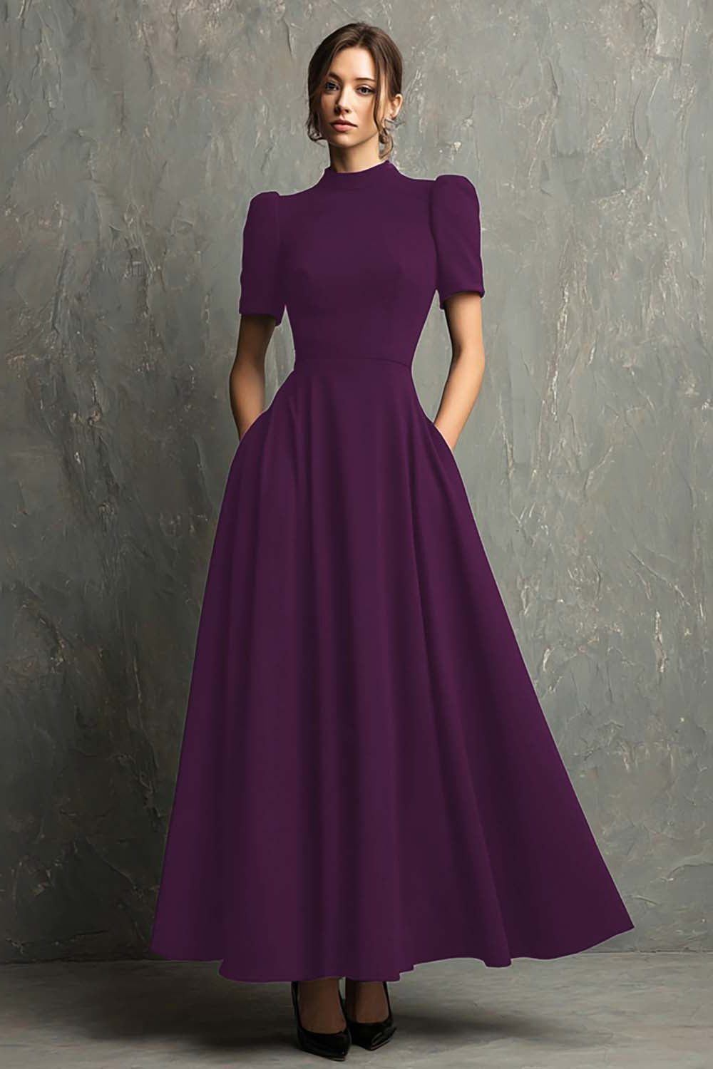 Black Short Sleeves High Neck A-Line Long Formal Dress with Pockets