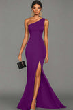 Black Mermaid One Shoulder Satin Maxi Formal Dress with Slit