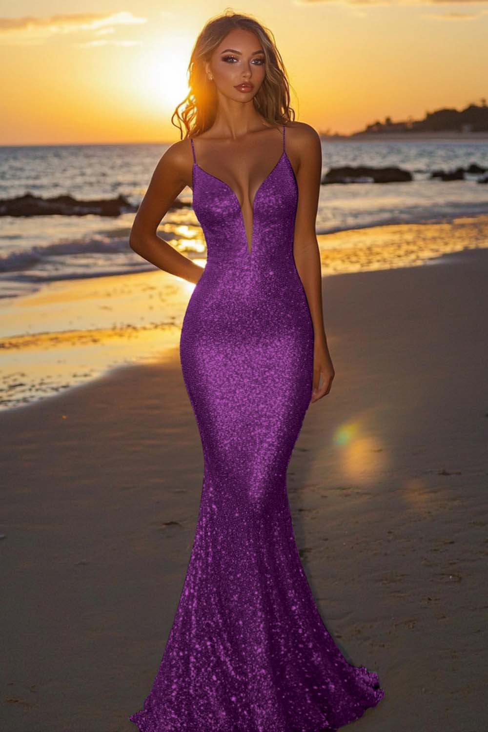 Sparkly Plum Spaghetti Straps Sequined Mermaid Formal Dress