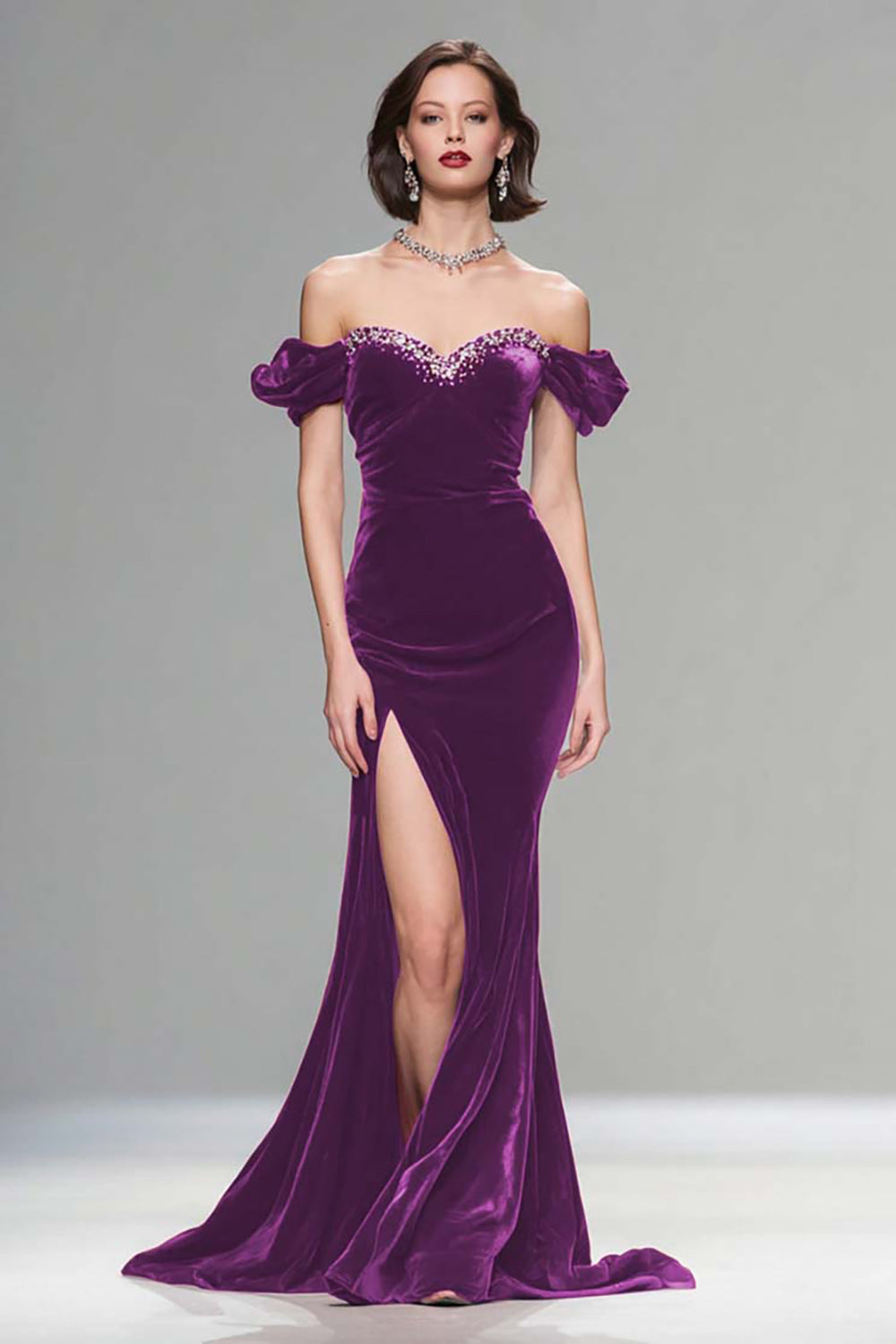 Sparkly Plum Velvet Mermaid Long Holiday Party Dress with Slit