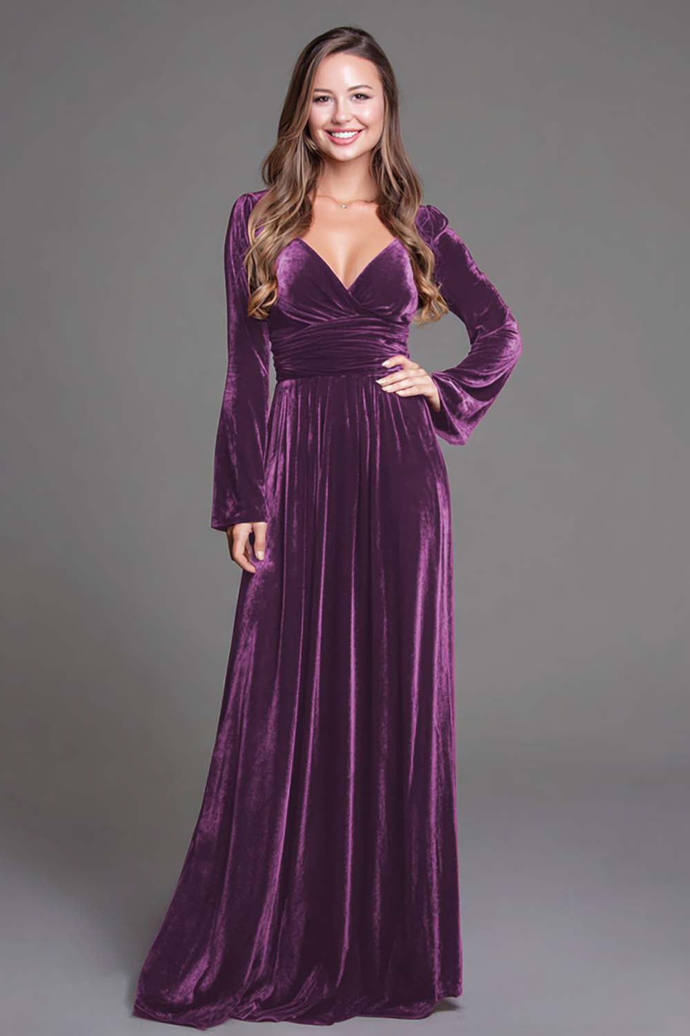 Burgundy A Line Velvet V-Neck Long Holiday Party Dress with Sleeves