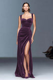 Maxi Burgundy Velvet Ruched Sheath Holiday Party Dress with Slit