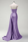 Sage Beaded Corset Side Cape Mermaid Satin Prom Dress with Slit
