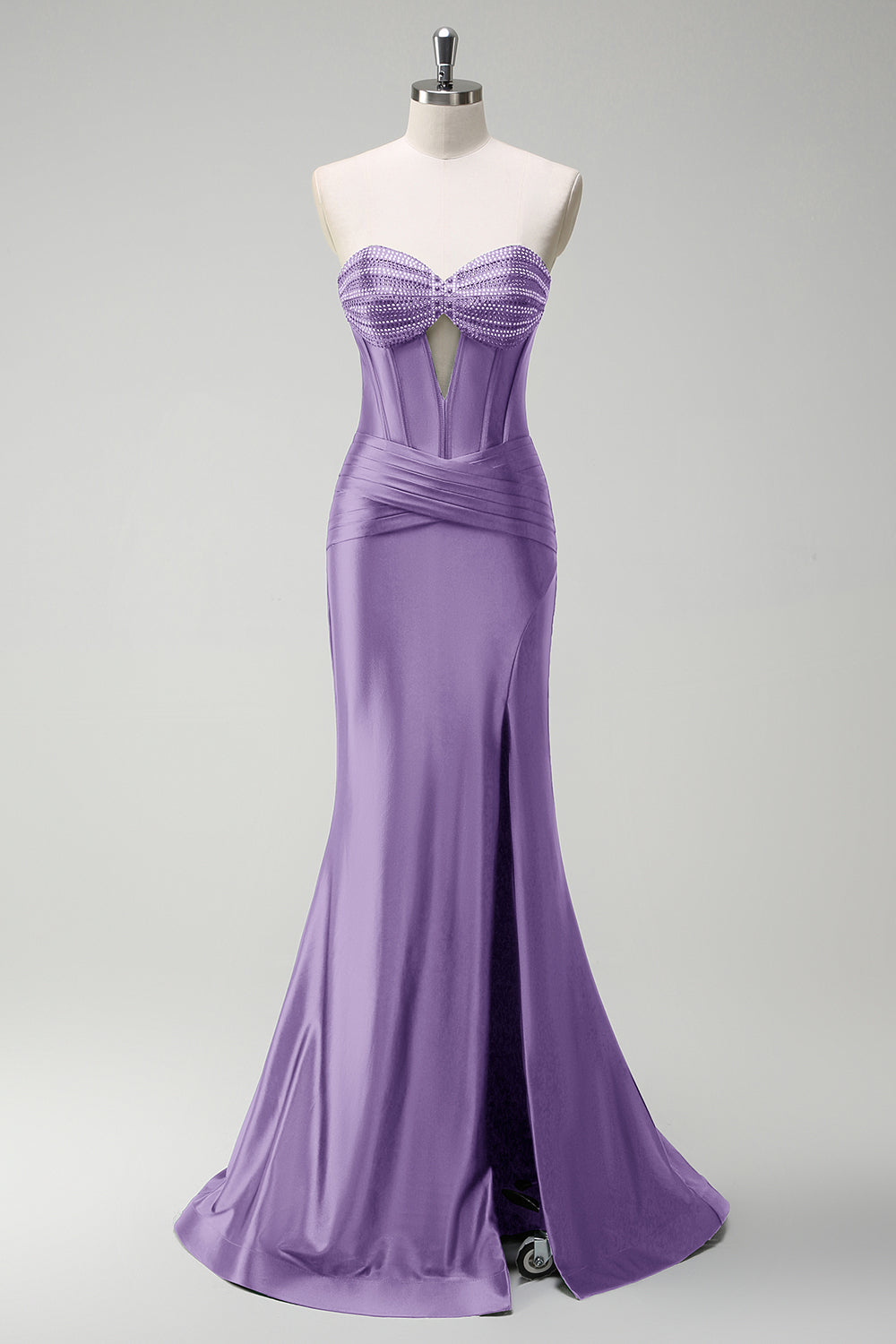 Gorgeous Sage Mermaid Corset Beaded Keyhole Satin Prom Dress with Slit
