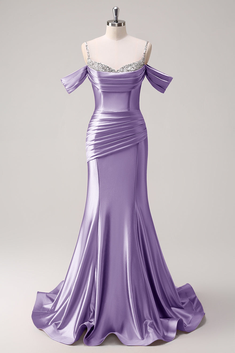 Gorgeous Fuchsia Sequined Spaghetti Straps Mermaid Satin Prom Dress