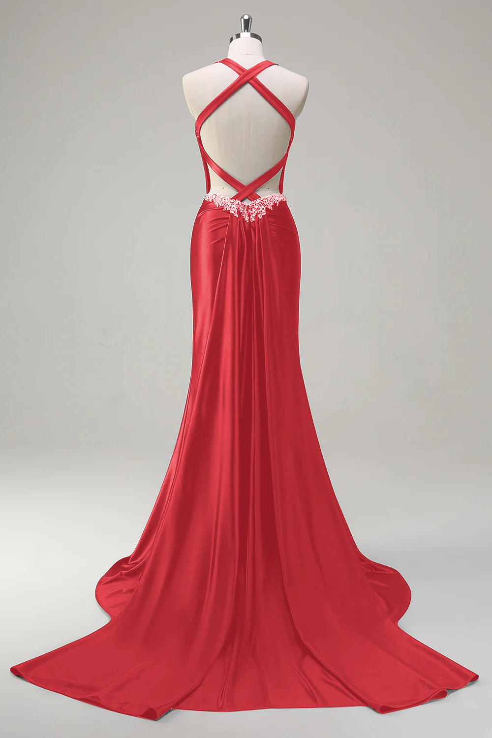 Pink Beaded Corset Satin Mermaid Sweep Train Prom Dress