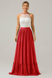 Pine A-Line Halter Pleated Keyhole Chiffon Bridesmaid Dress With Lace