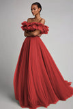 Red Tulle Pleated A Line Maxi Formal Dress with Ruffles
