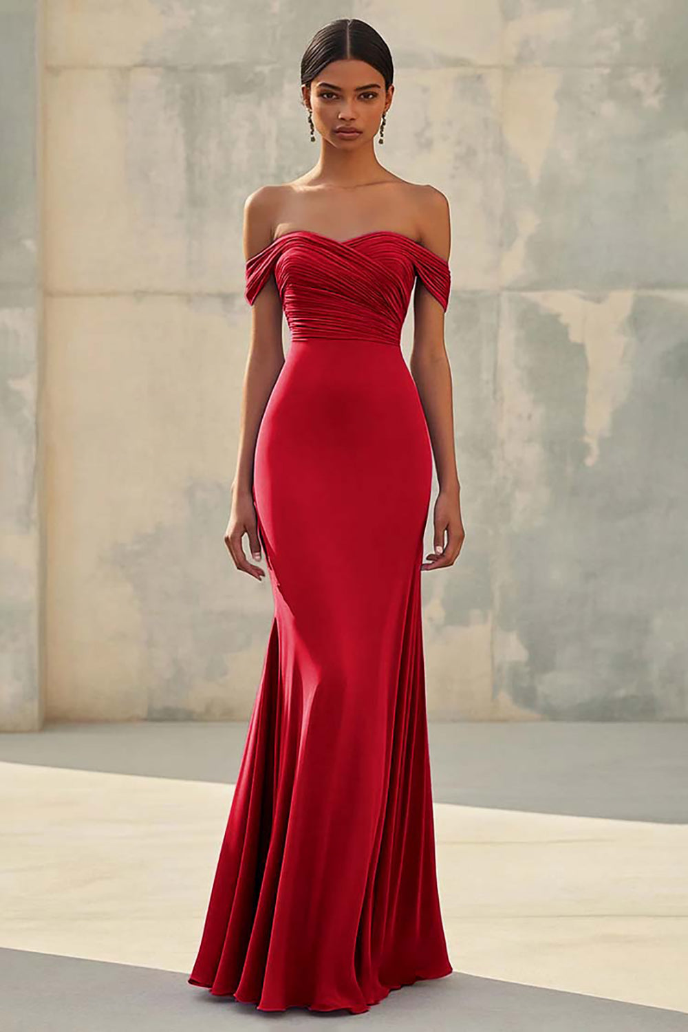 Red Off the Shoulder Sheath Chiffon Pleated Formal Dress