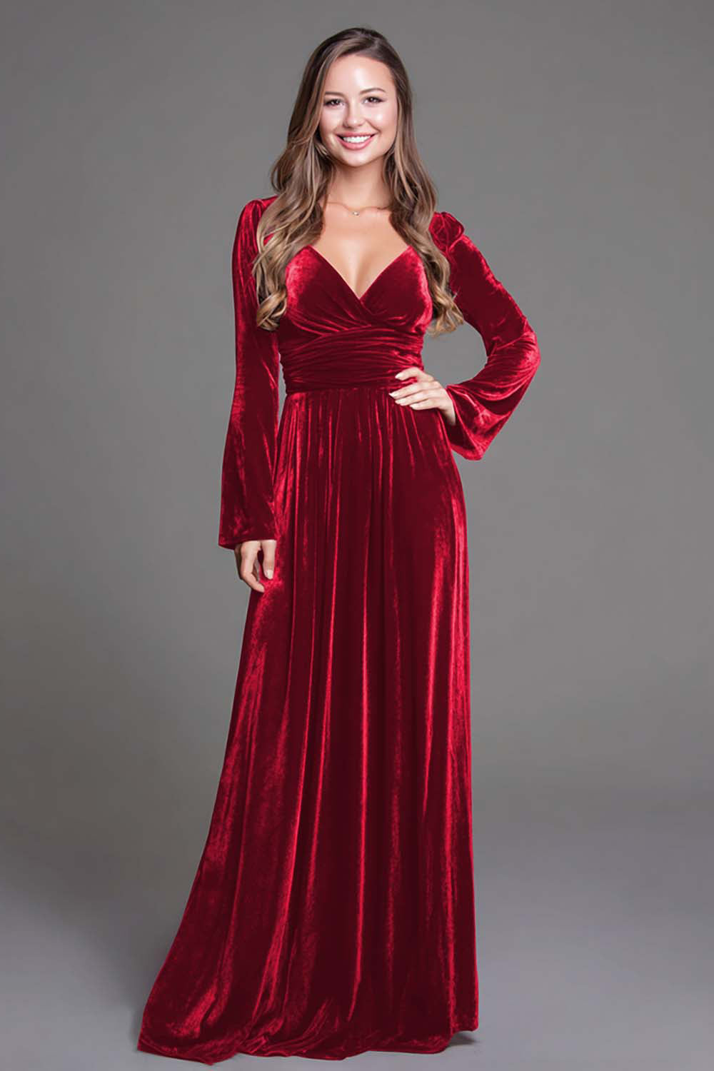 Dark Green Velvet A Line V-Neck Long Holiday Party Dress with Sleeves