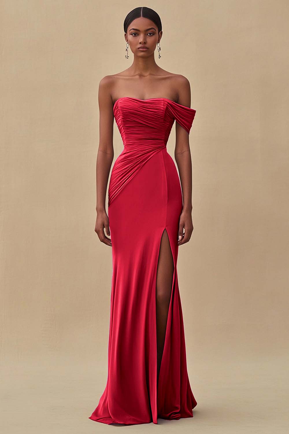 Eucalyptus Chiffon Ruched Sheath Formal Dress with Slit