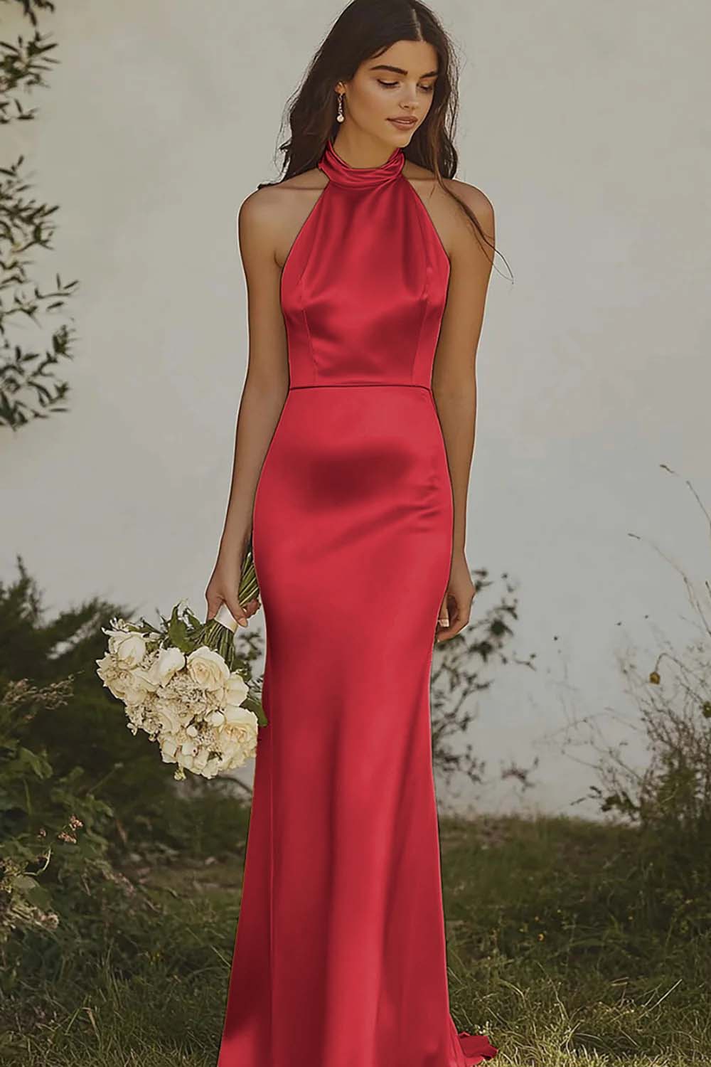 Elegant Dusty Rose Halter Sheath Maxi Satin Bridesmaid Dress