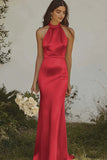 Elegant Dusty Rose Halter Sheath Maxi Satin Bridesmaid Dress