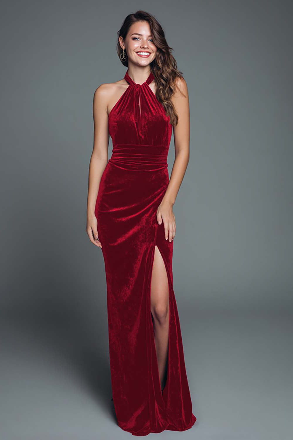 Dark Green Velvet Halter Mermaid Long Holiday Party Dress with Slit