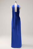 Blushing Pink Satin Scoop Neck Sheath Bridesmaid Dress with Ribbon