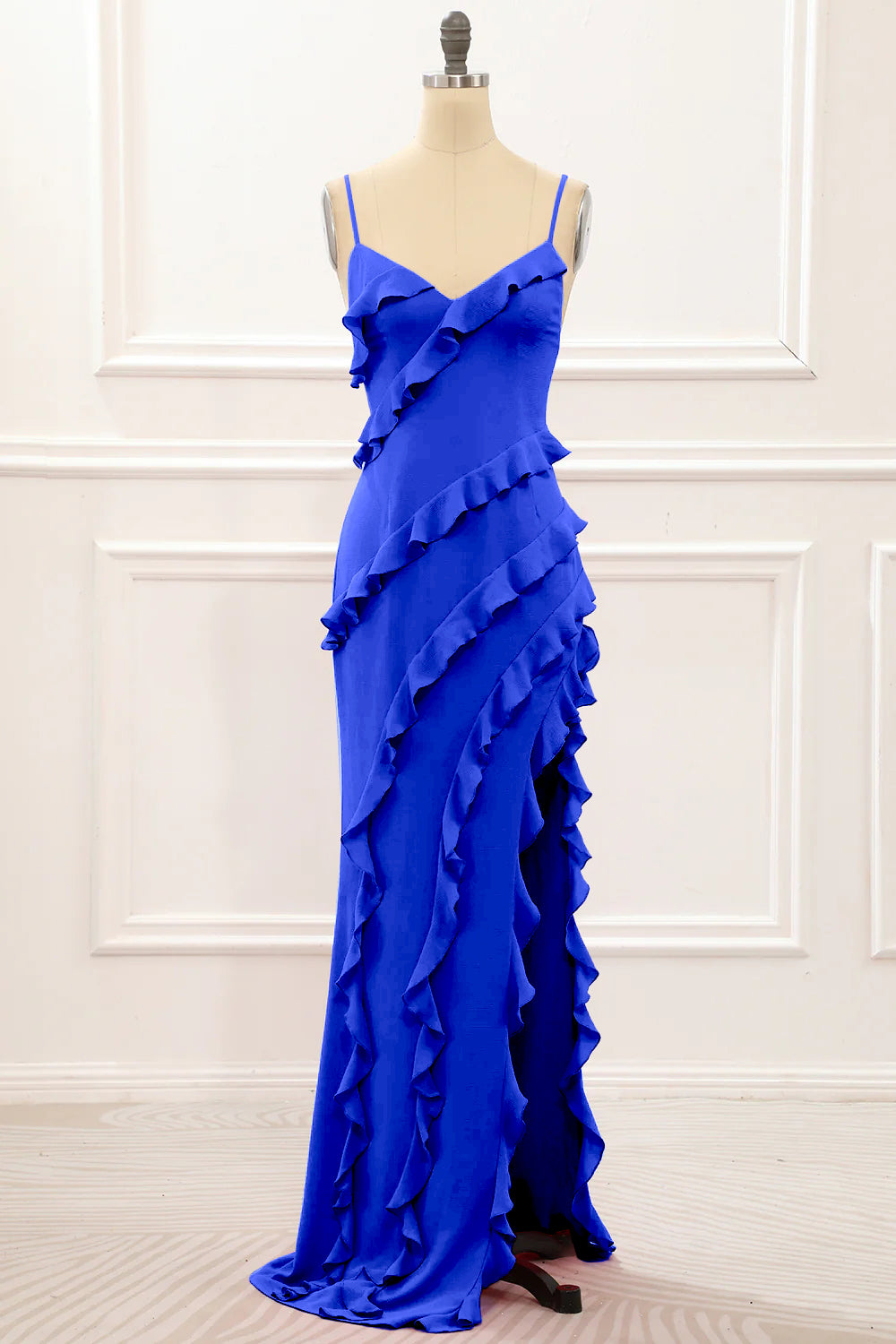 Lilac Sheath Spaghetti Straps Long Bridesmaid Dress with Ruffles