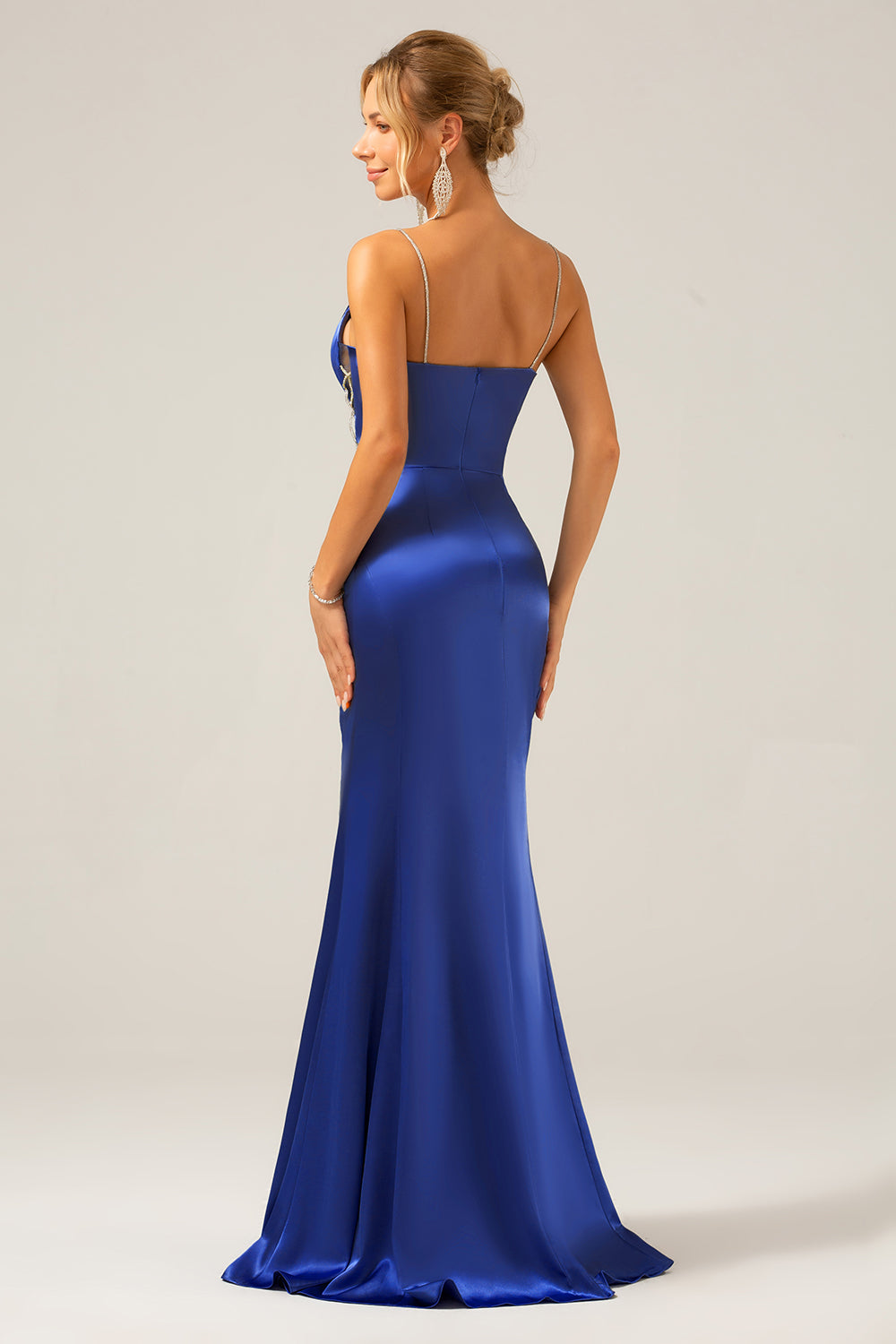 Dusty Blue Mermaid Satin Spaghetti Straps Long Bridesmaid Dress