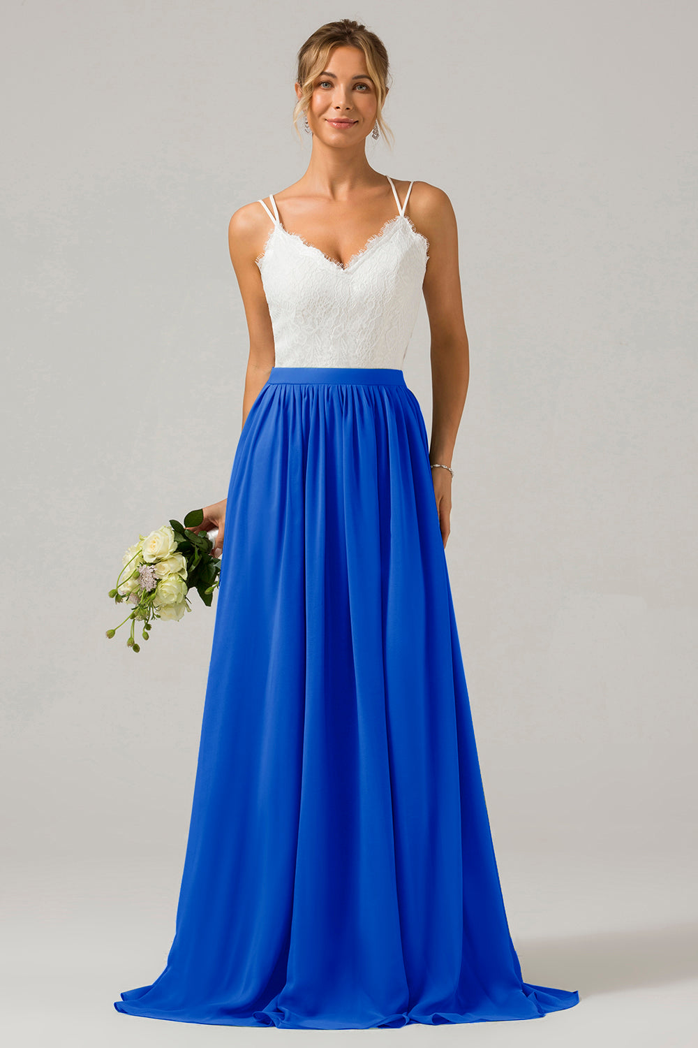 Pine A-Line Spaghetti Straps Pleated Long Bridesmaid Dress With Lace