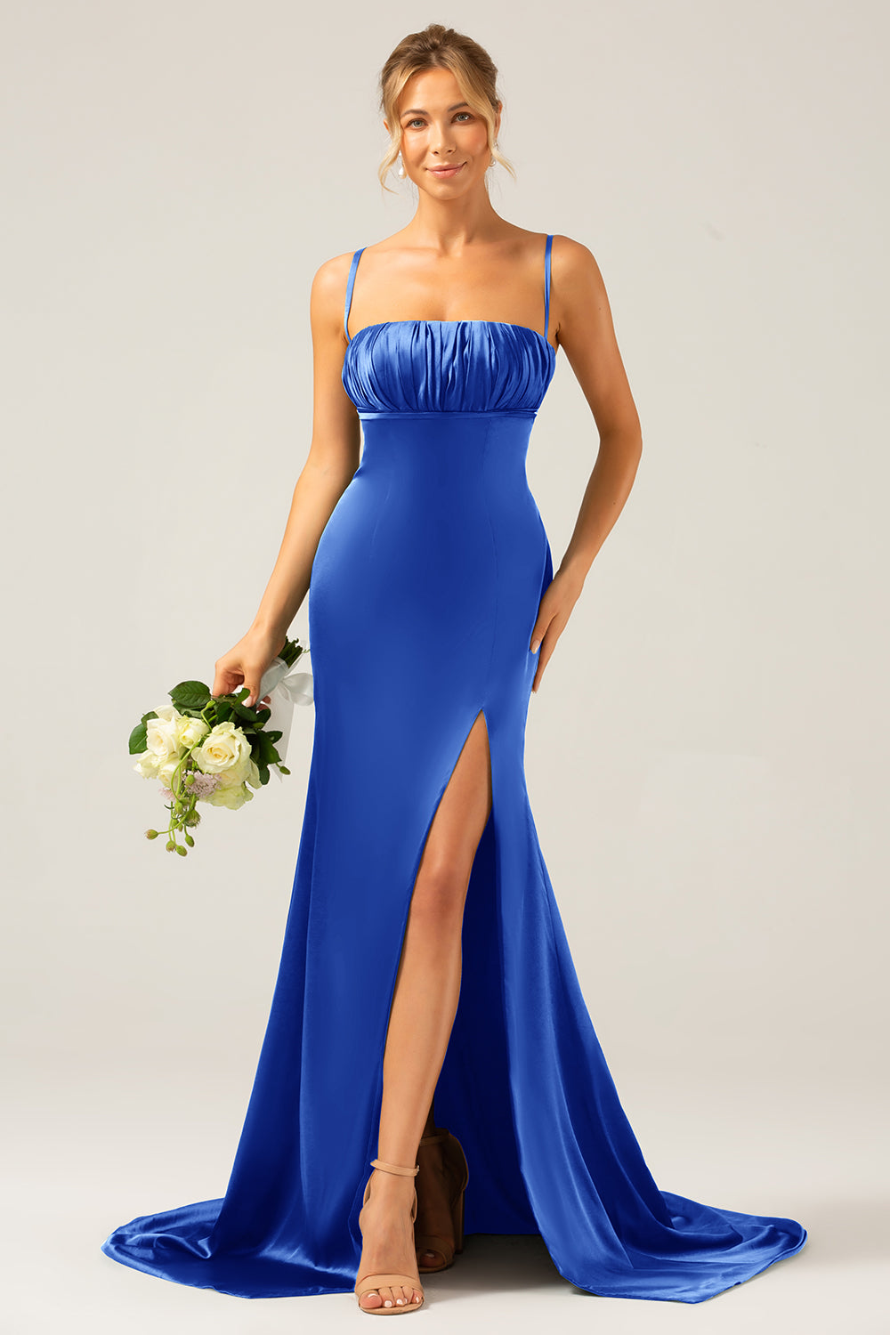 Dusty Rose Long Sheath Spaghetti Straps Bridesmaid Dress With Slit
