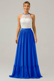 Pine A-Line Halter Pleated Keyhole Chiffon Bridesmaid Dress With Lace