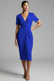 Tahiti V-Neck Bodycon Midi Satin Work Dress with Sleeves