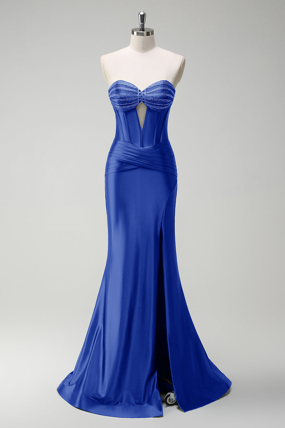 Gorgeous Sage Mermaid Corset Beaded Keyhole Satin Prom Dress with Slit