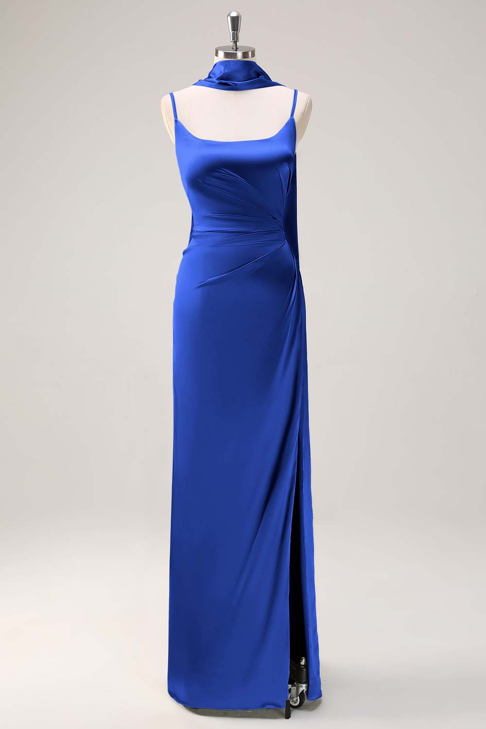 Blushing Pink Satin Scoop Neck Sheath Bridesmaid Dress with Ribbon