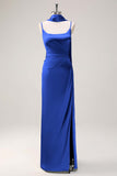 Blushing Pink Satin Scoop Neck Sheath Bridesmaid Dress with Ribbon