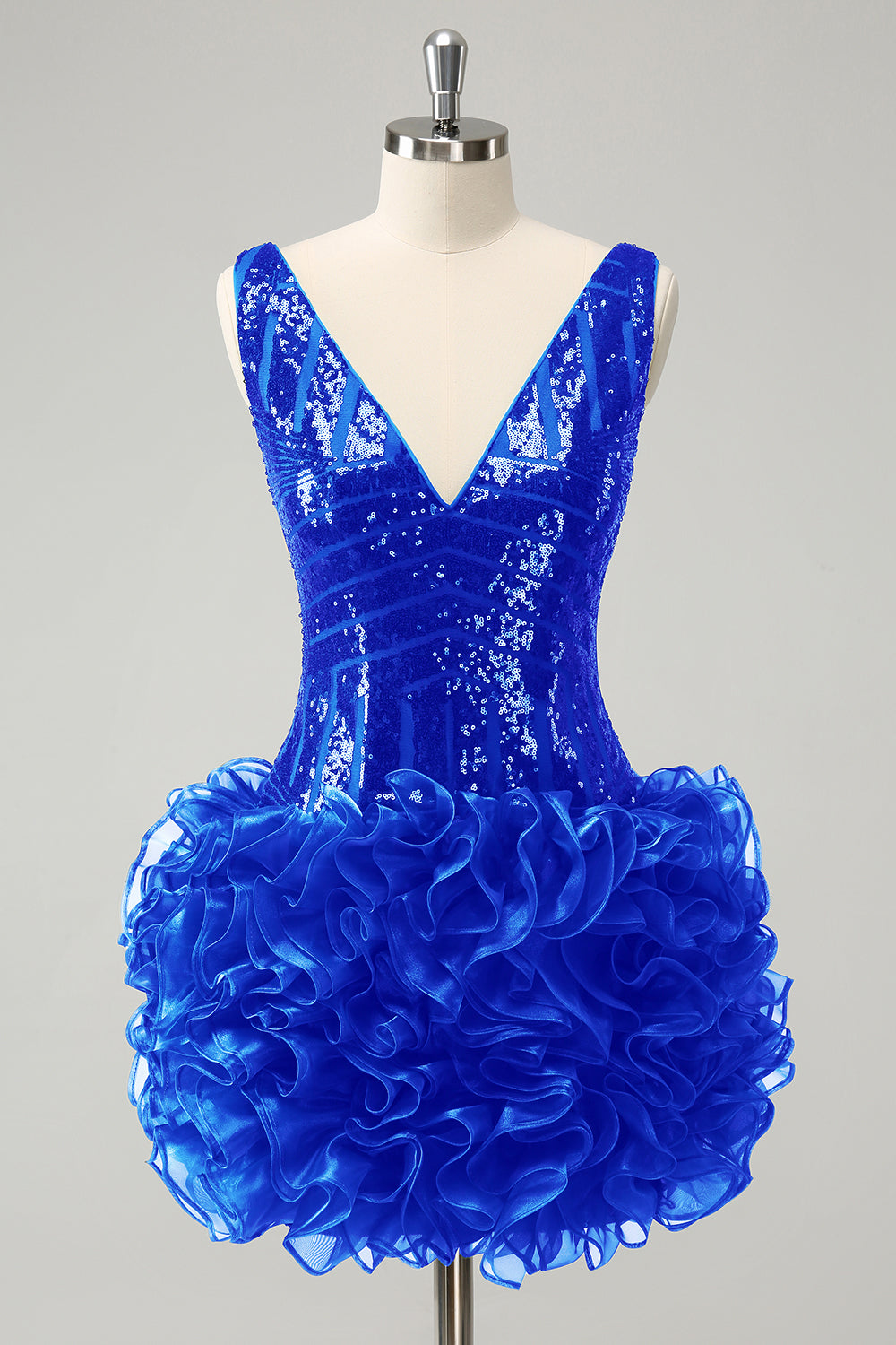 Sparkly Navy V Neck Sequins Prom Dress with Detachable Ruffles