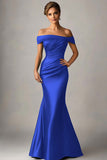 Off the Shoulder Eucalyptus Mermaid Satin Ruched Maxi Formal Dress