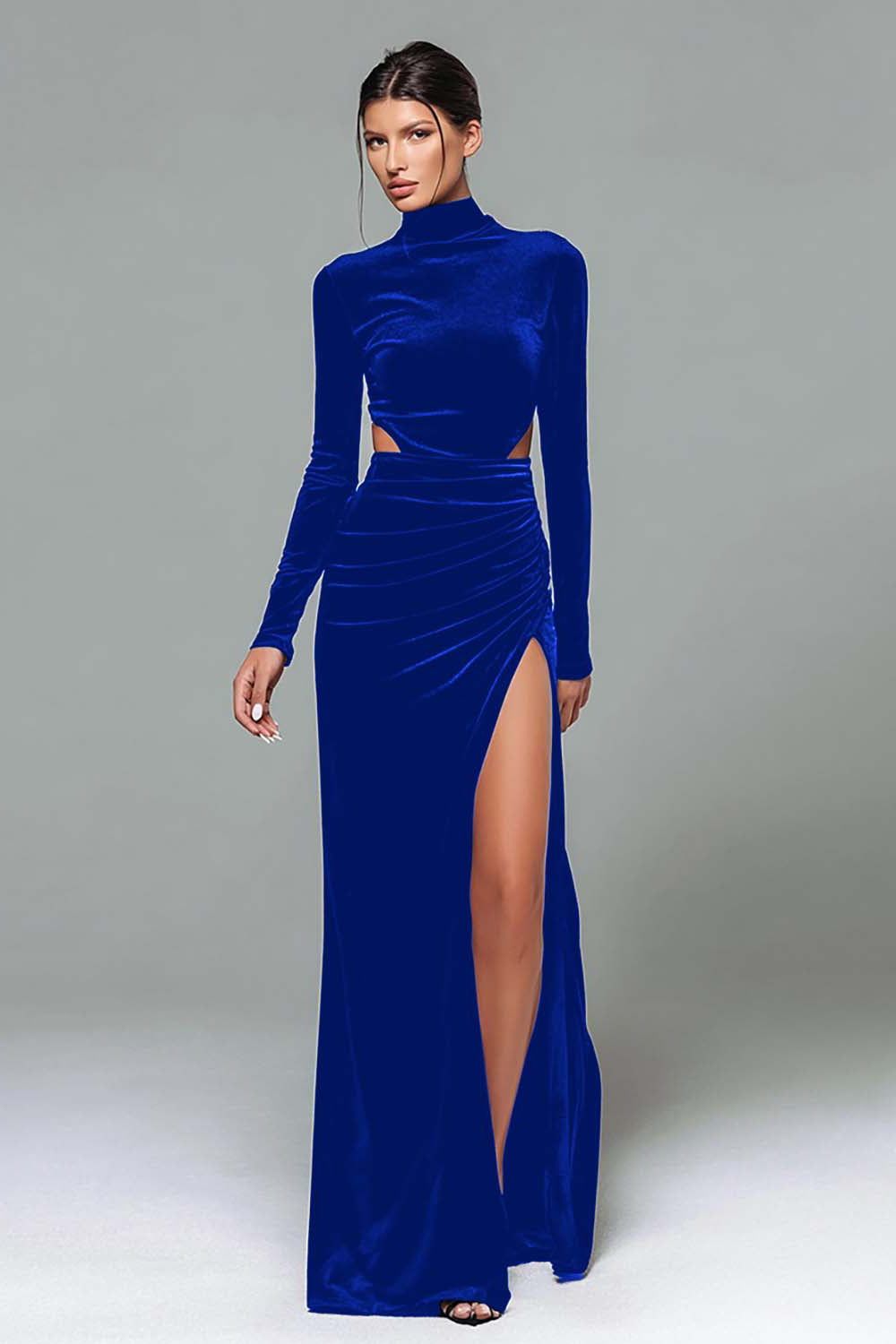 Burgundy Velvet Sheath High Neck Cut Out Long Holiday Party Dress with Slit