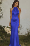 Elegant Royal Blue Halter Sheath Satin Maxi Bridesmaid Dress