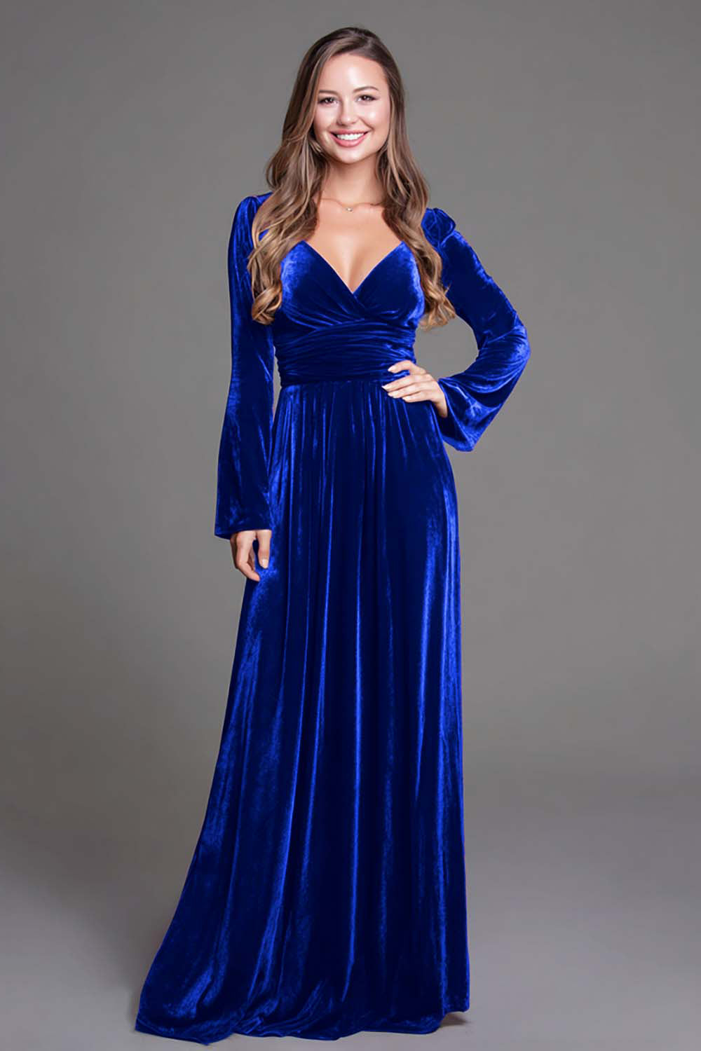 Dark Green Velvet A Line V-Neck Long Holiday Party Dress with Sleeves