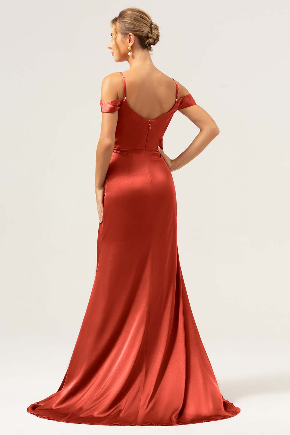 Dark Navy Mermaid Cold Shoulder Satin Wedding Party Dress with Slit