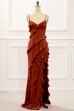 Rust Sheath Spaghetti Straps Long Bridesmaid Dress with Ruffles
