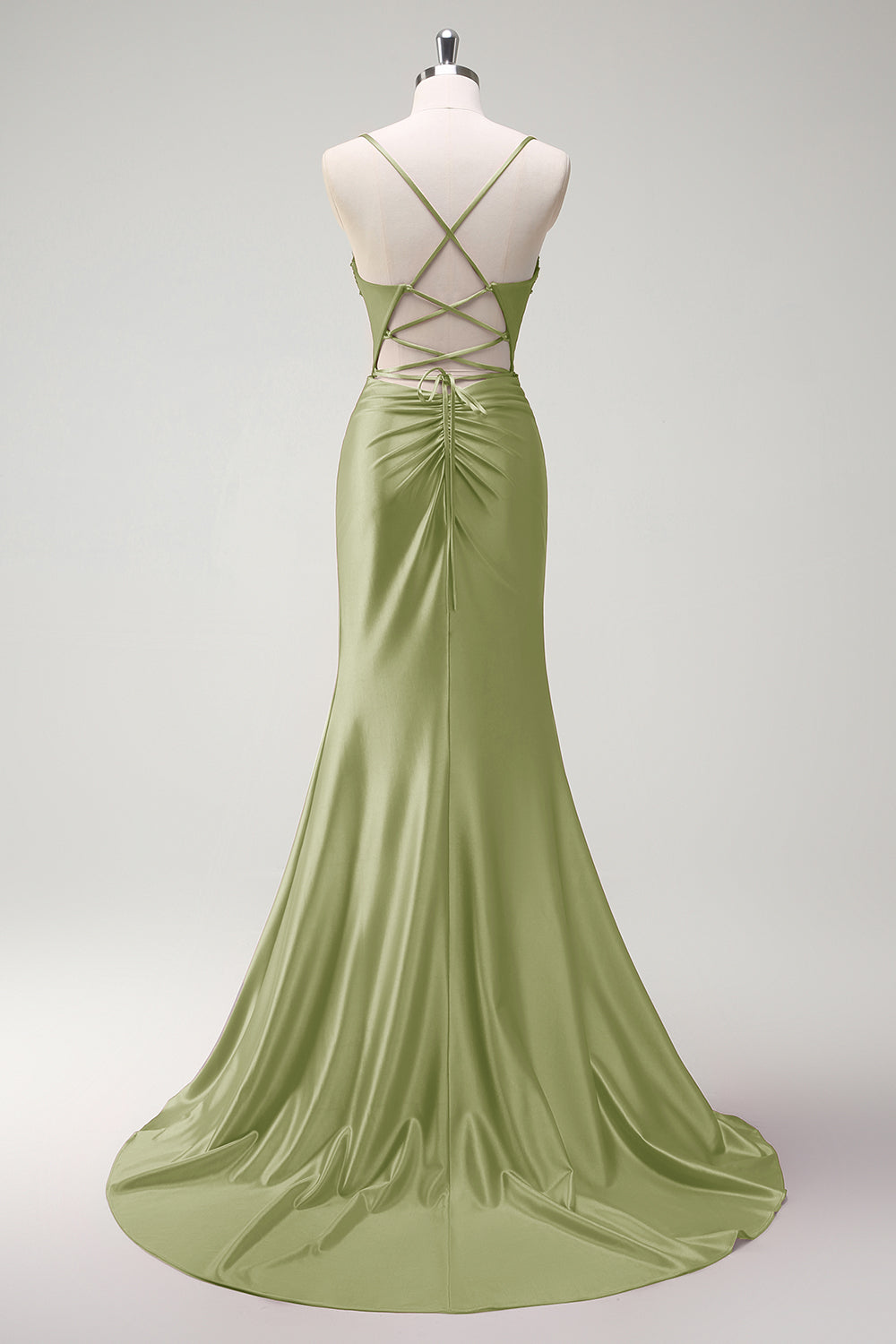 Glitter Sage Mermaid Beaded Corste Satin Prom Dress with Slit
