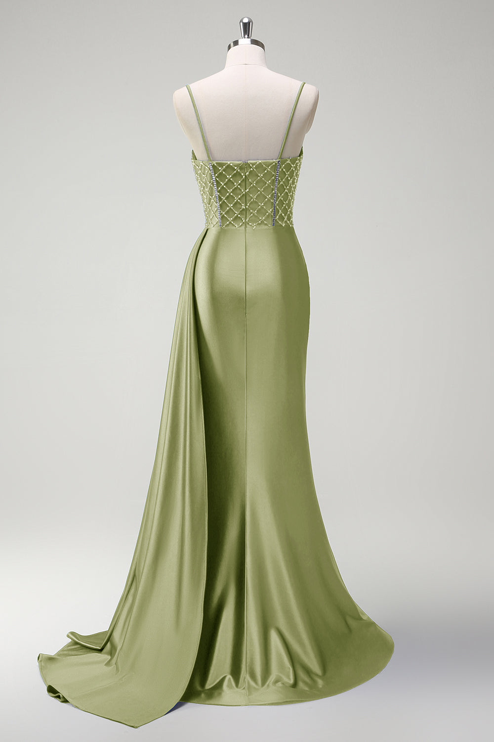 Sage Beaded Corset Side Cape Mermaid Satin Prom Dress with Slit