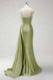 Sage Beaded Corset Side Cape Mermaid Satin Prom Dress with Slit